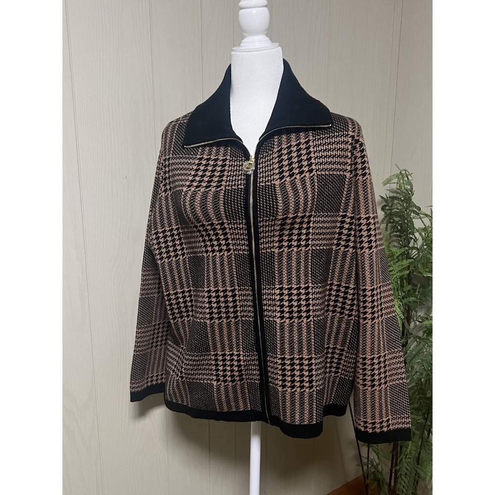 Anne Klein Houndstooth Knit Zip Up Cardigan Long Sweater AK Gold Womens XL